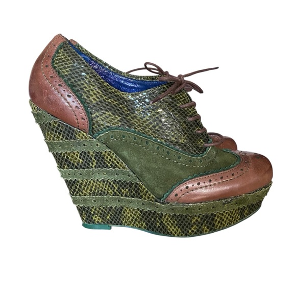 Poetic License Shoes - Poetic License Wild Safari Green Brown Leather Oxford Wedge Platform Heels 39